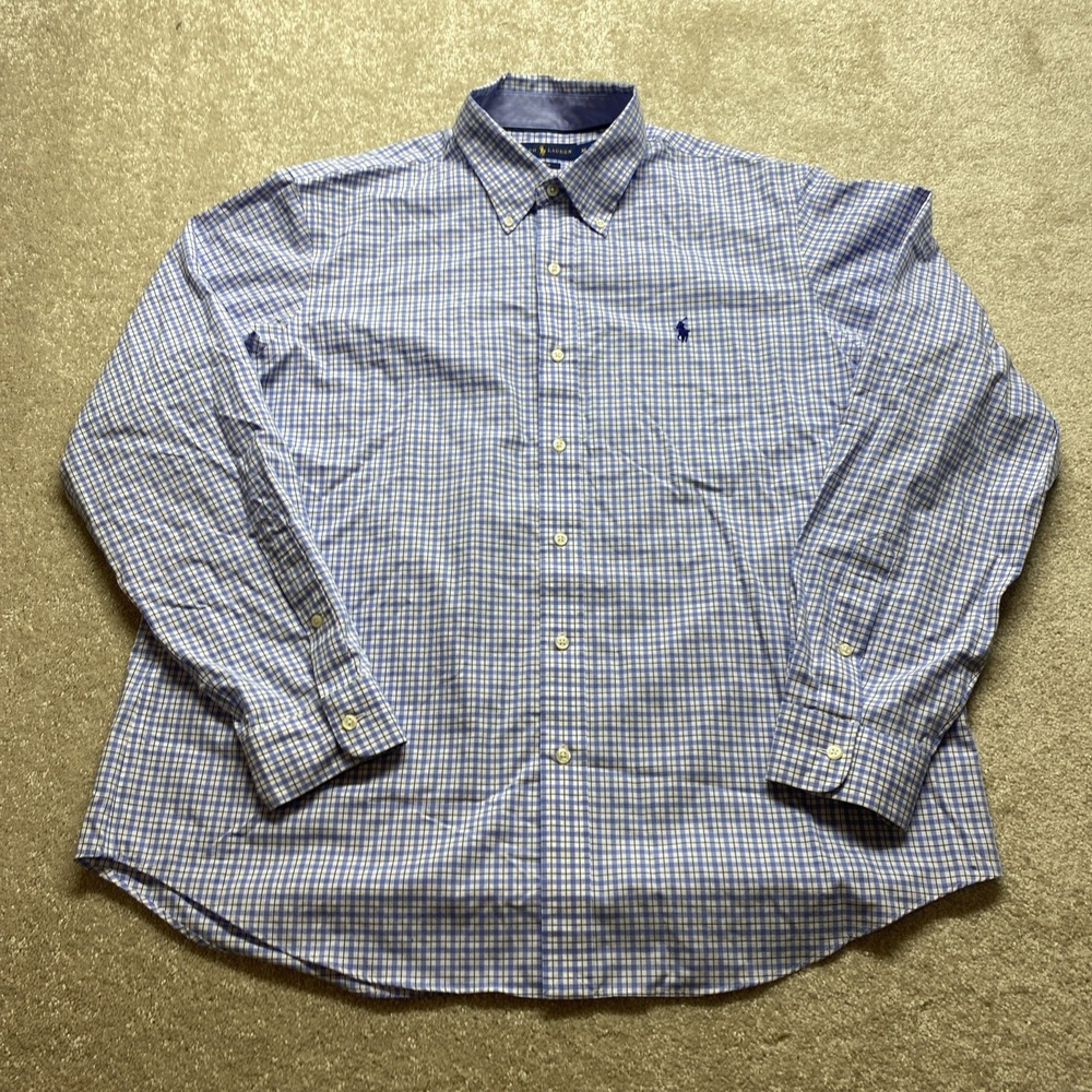 Ralph Lauren Button Down Shirt Mens XL Blue Tattersall Check Non-Iron Cotton